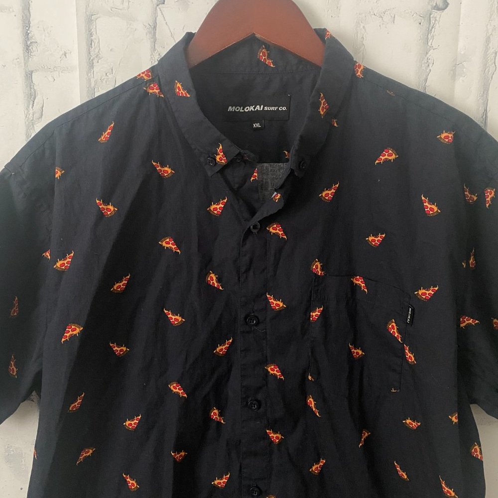 Molokai Surf Co. Pizza All Over Print Aloha Shirt 100% Cotton Blue Men's XXL